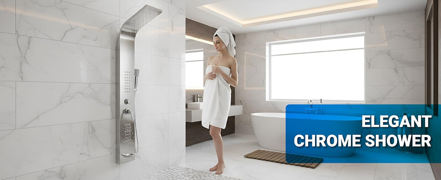 Brita Bathrooms 5-in-1 Thermostatic Shower Panel Tower – Chrome Finish with Rainfall, Waterfall & 48 Body Jets