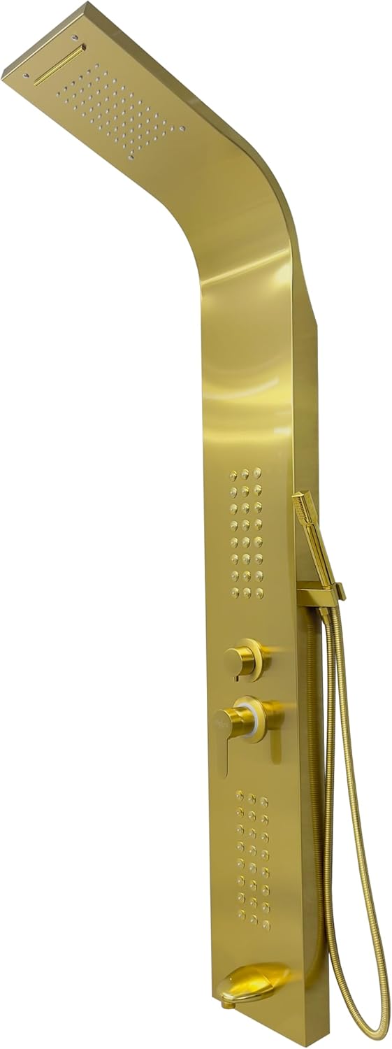 Brita Bathrooms 5-in-1 Thermostatic Shower Panel Tower – Gold Smart Shower Column with Rainfall, Waterfall & 48 Body Jets