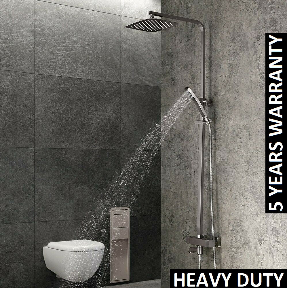 Brita Bathrooms Square Thermostatic Bar Shower Mixer Set – 8" Chrome Head Shower, Handset & Bath Spout (3 in 1)