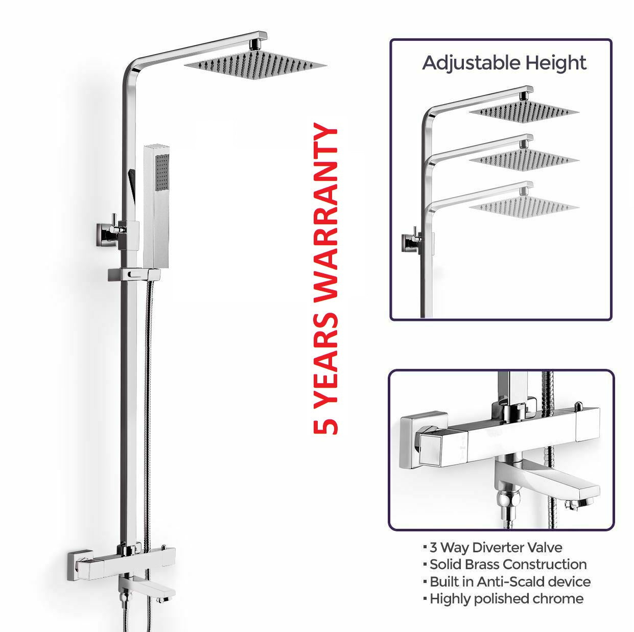 Brita Bathrooms Square Thermostatic Bar Shower Mixer Set – 8" Chrome Head Shower, Handset & Bath Spout (3 in 1)