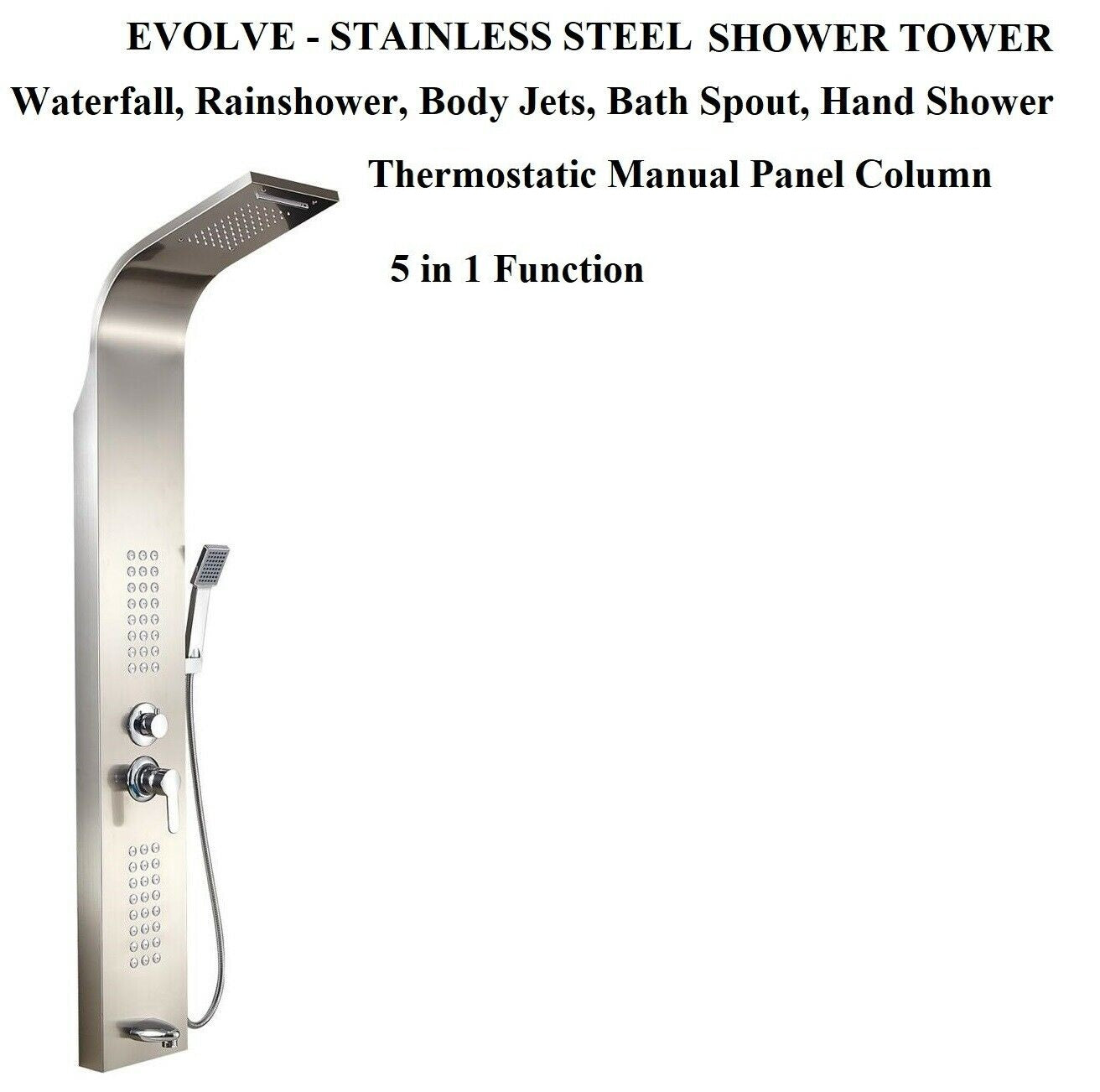 Brita Bathrooms 5-in-1 Thermostatic Shower Panel Tower – Chrome Finish with Rainfall, Waterfall & 48 Body Jets