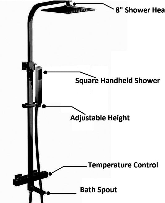 Brita Bathrooms Square Thermostatic Bar Shower Mixer Set – 8" Black Head Shower, Handset & Bath Spout (3 in 1)