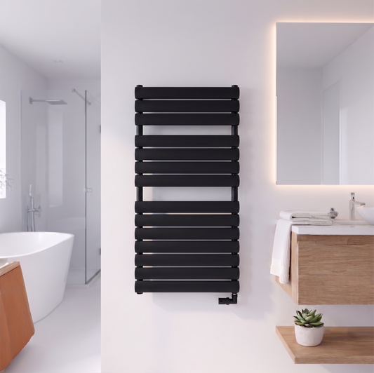 Brita Bathrooms Designer Vertical Flat Single Panel Black Towel Warmer Radiator 1200 x 600mm