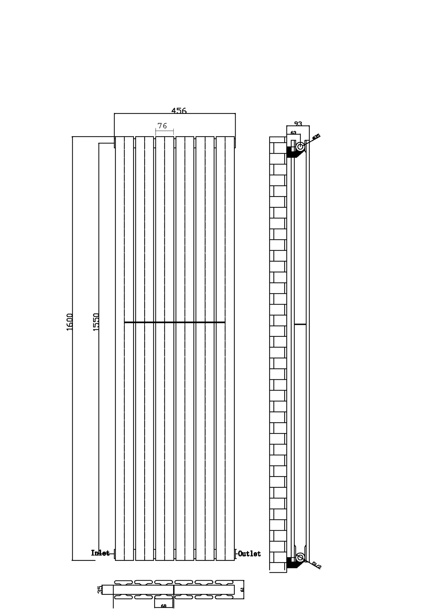 1600 x 456mm Designer Vertical Double Panel Radiator – Anthracite Flat Panel | 8455 BTU