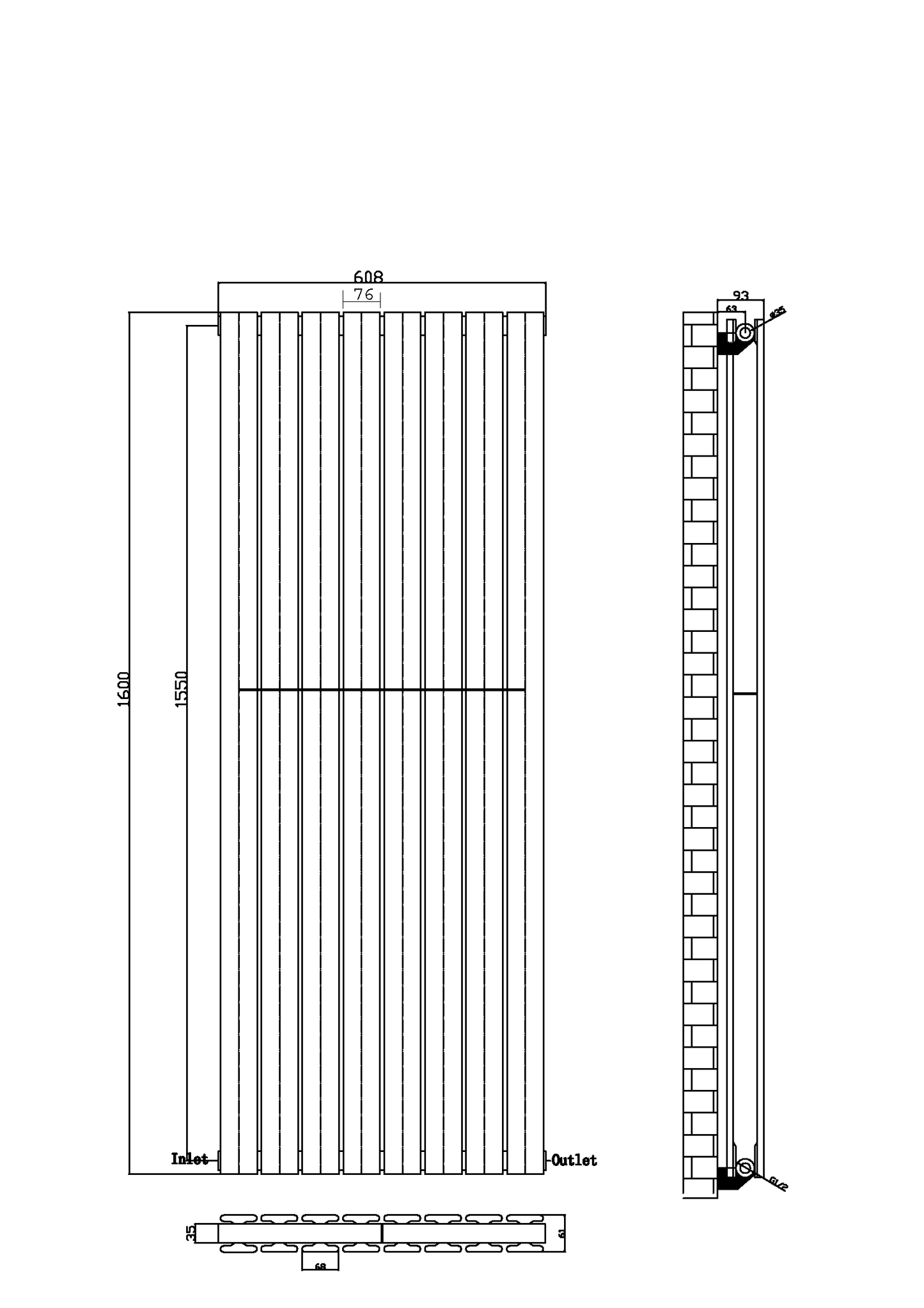 1600 x 608mm Designer Vertical Double Panel Radiator – Anthracite Flat Panel | 11257 BTU