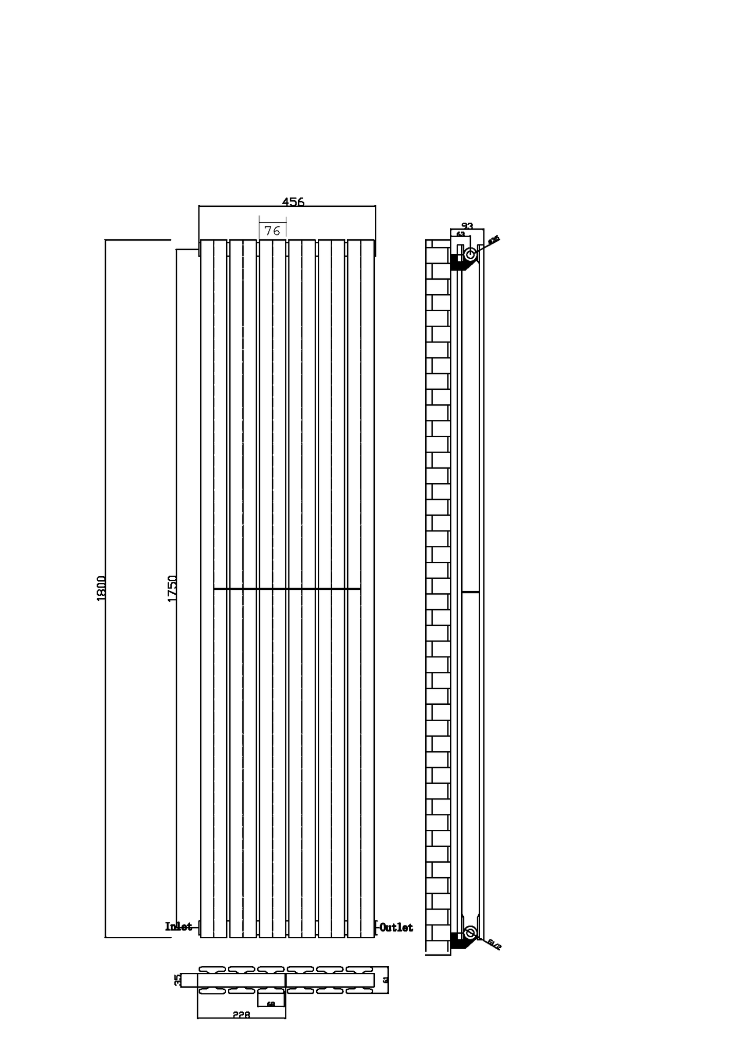 1800 x 456mm Designer Vertical Double Panel Radiator – Anthracite Flat Panel | 9557 BTU