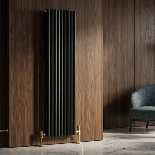 Brita Bathrooms Designer Vertical Oval Double Panel Black Radiator 1800 x 480mm – 8381 BTU