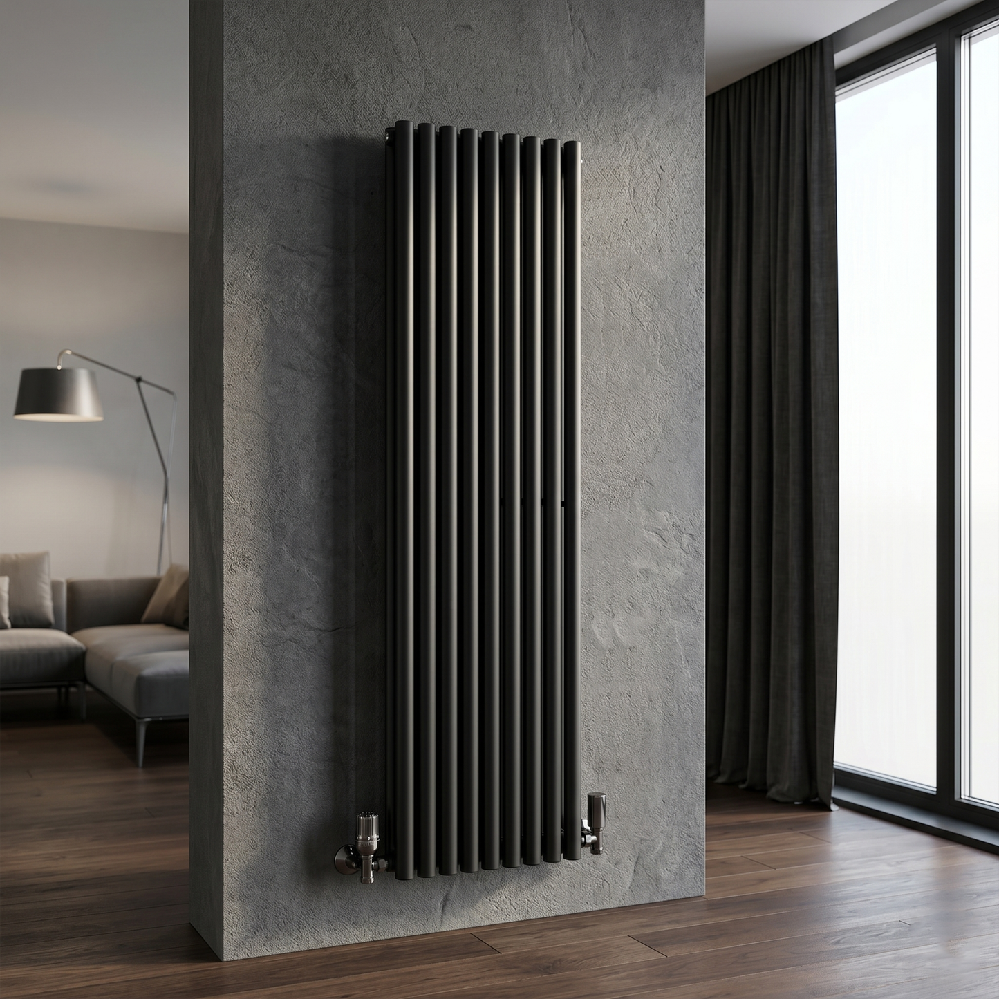 Brita Bathrooms Designer Vertical Oval Double Panel Black Radiator 1800 x 540mm – 9429 BTU