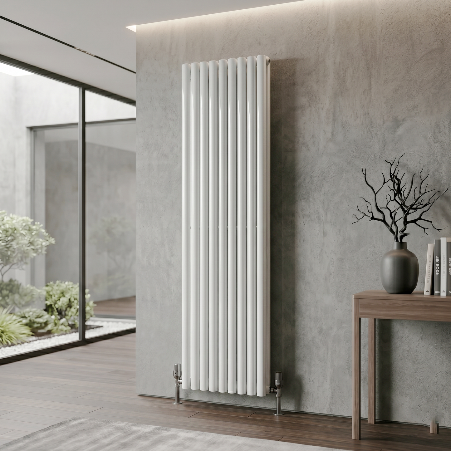 Brita Bathrooms Designer Vertical Oval Double Panel Gloss White Radiator 1600 x 540mm – 8381 BTU