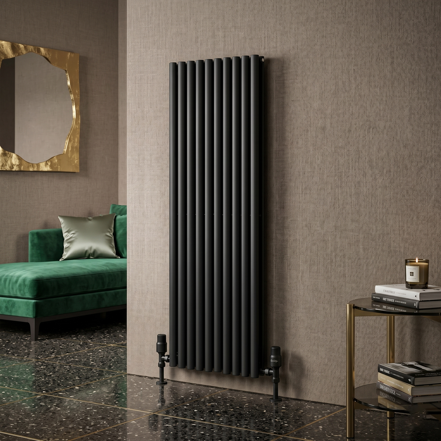Brita Bathrooms Designer Vertical Oval Double Panel Black Radiator 1800 x 600mm – 10476 BTU