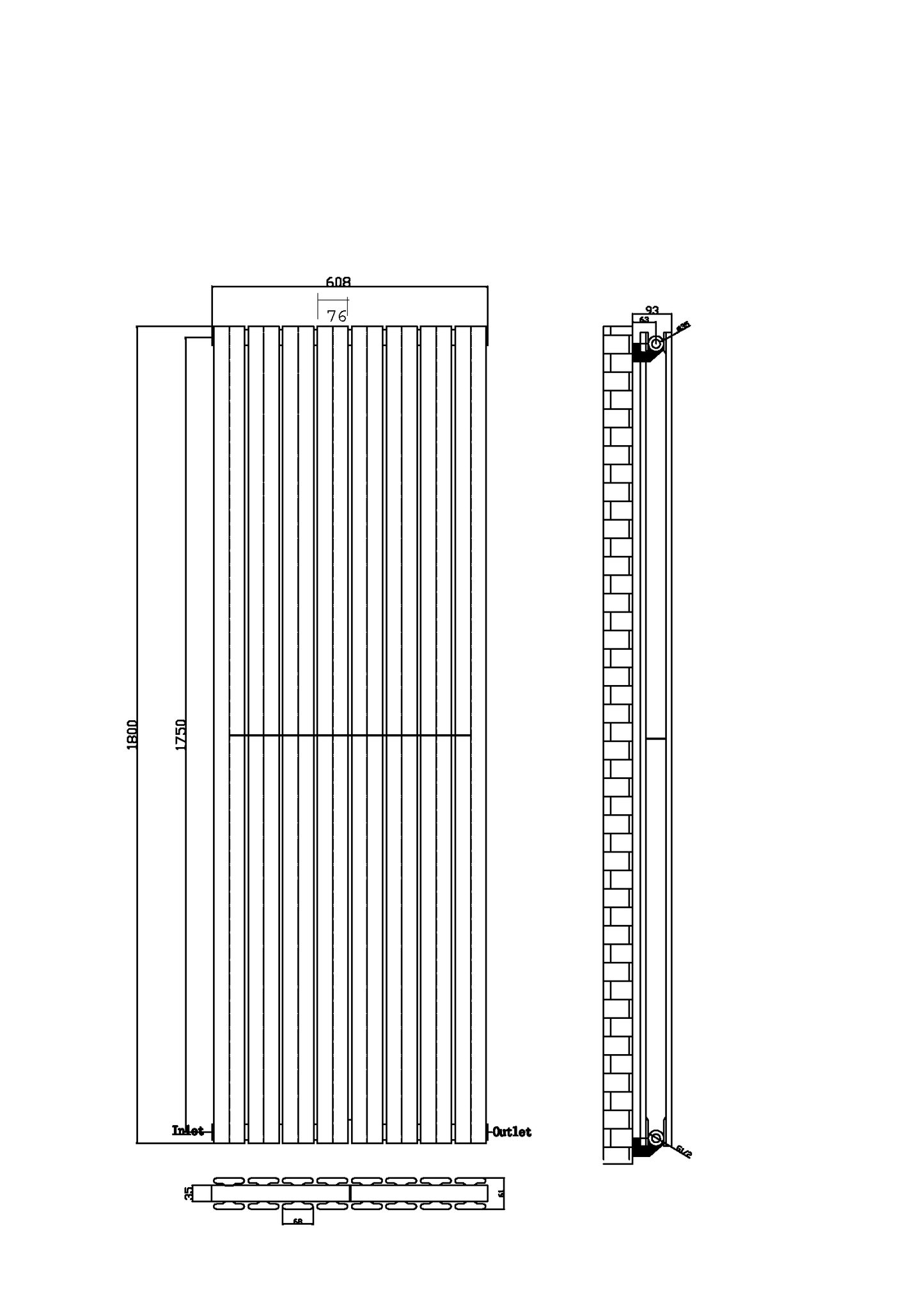 Brita Bathrooms Designer Vertical Flat Double Panel Anthracite Radiator 1800 x 532mm – 7781 BTU