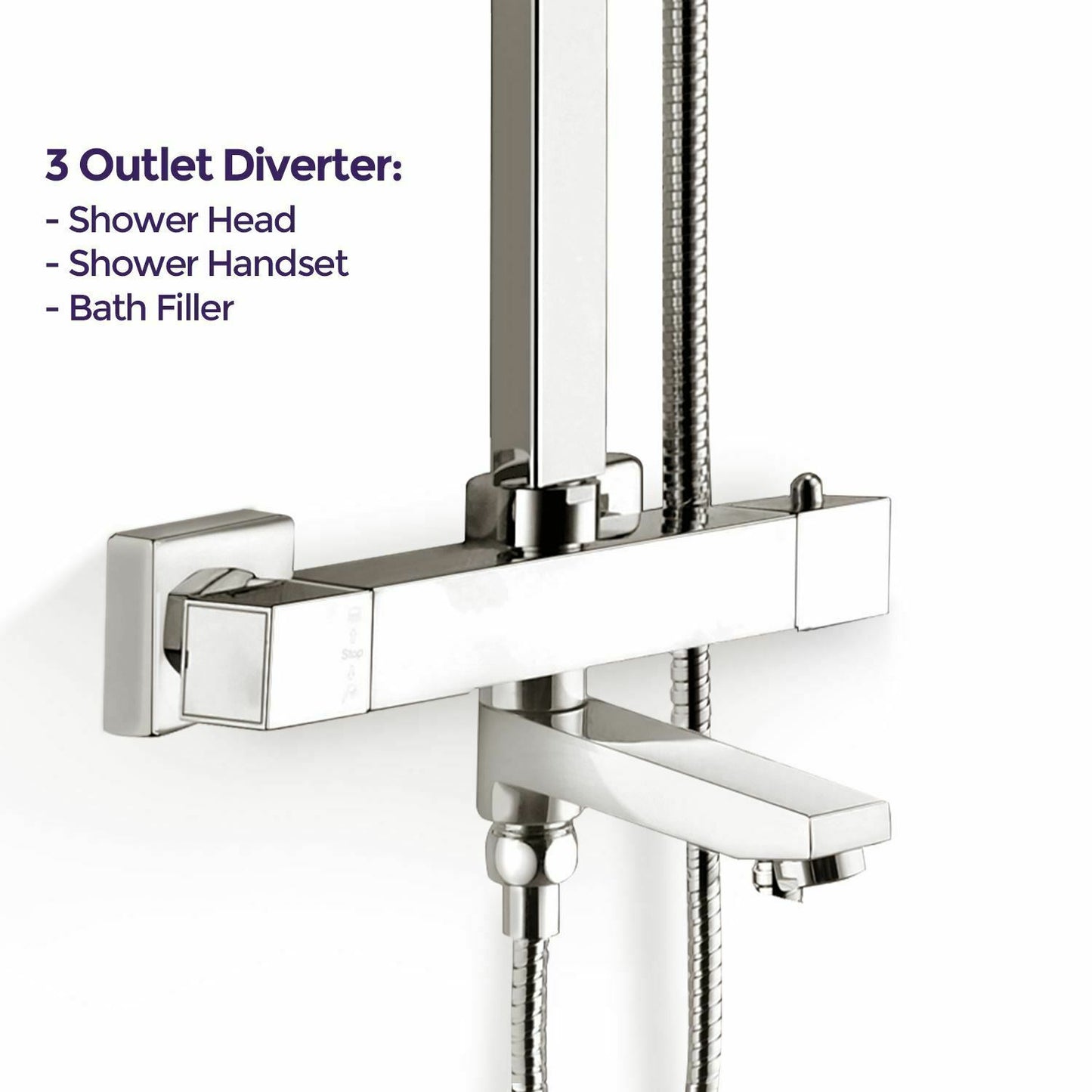 Brita Bathrooms Square Thermostatic Bar Shower Mixer Set – 8" Chrome Head Shower, Handset & Bath Spout (3 in 1)