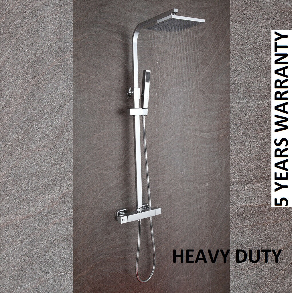 Brita Bathrooms Square Thermostatic Bar Shower Mixer Set – 8" Chrome Head Shower & Handset (2 in 1)