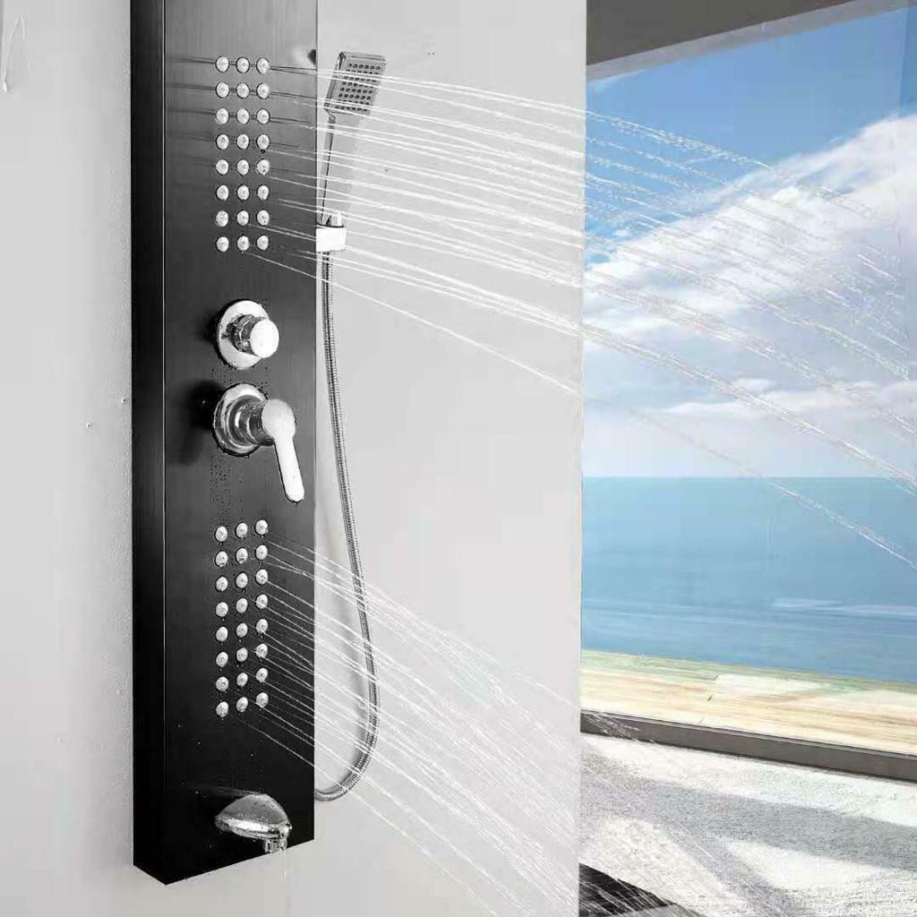 Brita Bathrooms 5-in-1 Thermostatic Shower Panel Tower – Black Finish with Rainfall, Waterfall & 48 Body Jets