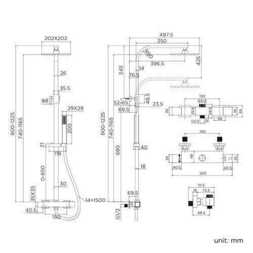 Brita Bathrooms Square Thermostatic Bar Shower Mixer Set – 8" Black Head Shower & Handset (2 in 1)