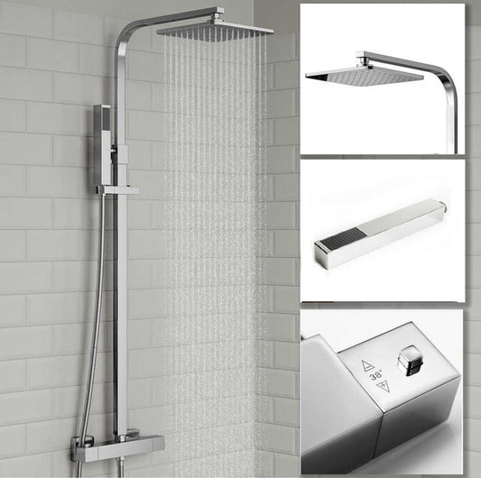 Brita Bathrooms Square Thermostatic Bar Shower Mixer Set – 8" Chrome Head Shower & Handset (2 in 1)