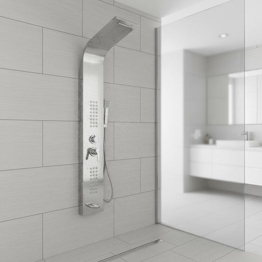 Brita Bathrooms 5-in-1 Thermostatic Shower Panel Tower – Chrome Finish with Rainfall, Waterfall & 48 Body Jets