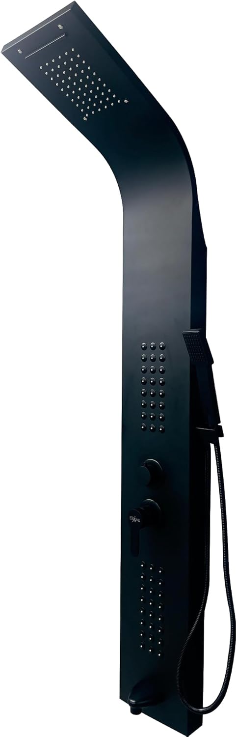 Brita Bathrooms 5-in-1 Thermostatic Shower Panel Tower – Black Finish with Rainfall, Waterfall & 48 Body Jets