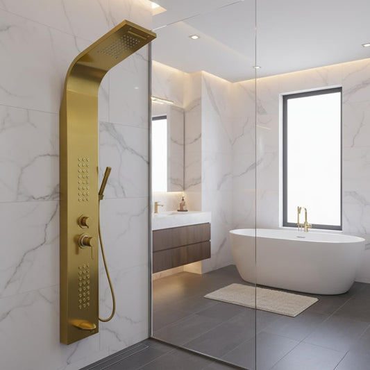 Brita Bathrooms 5-in-1 Thermostatic Shower Panel Tower – Gold Smart Shower Column with Rainfall, Waterfall & 48 Body Jets