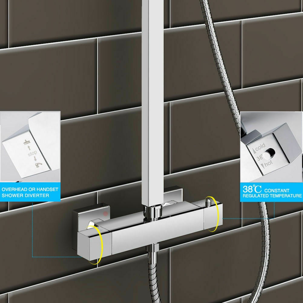 Brita Bathrooms Square Thermostatic Bar Shower Mixer Set – 8" Chrome Head Shower & Handset (2 in 1)