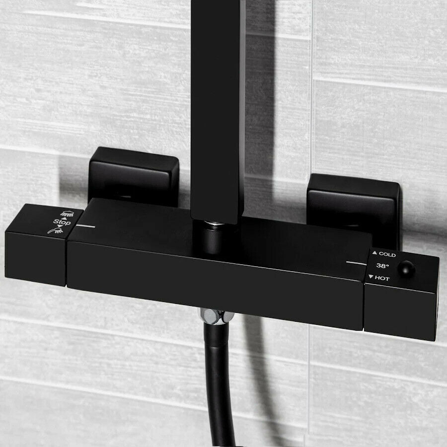 Brita Bathrooms Square Thermostatic Bar Shower Mixer Set – 8" Black Head Shower & Handset (2 in 1)