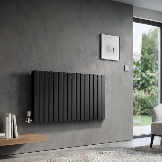 Brita Bathrooms 600 x 1368mm Designer Horizontal Flat Double Panel Radiator – Matt Black | 8218 BTU