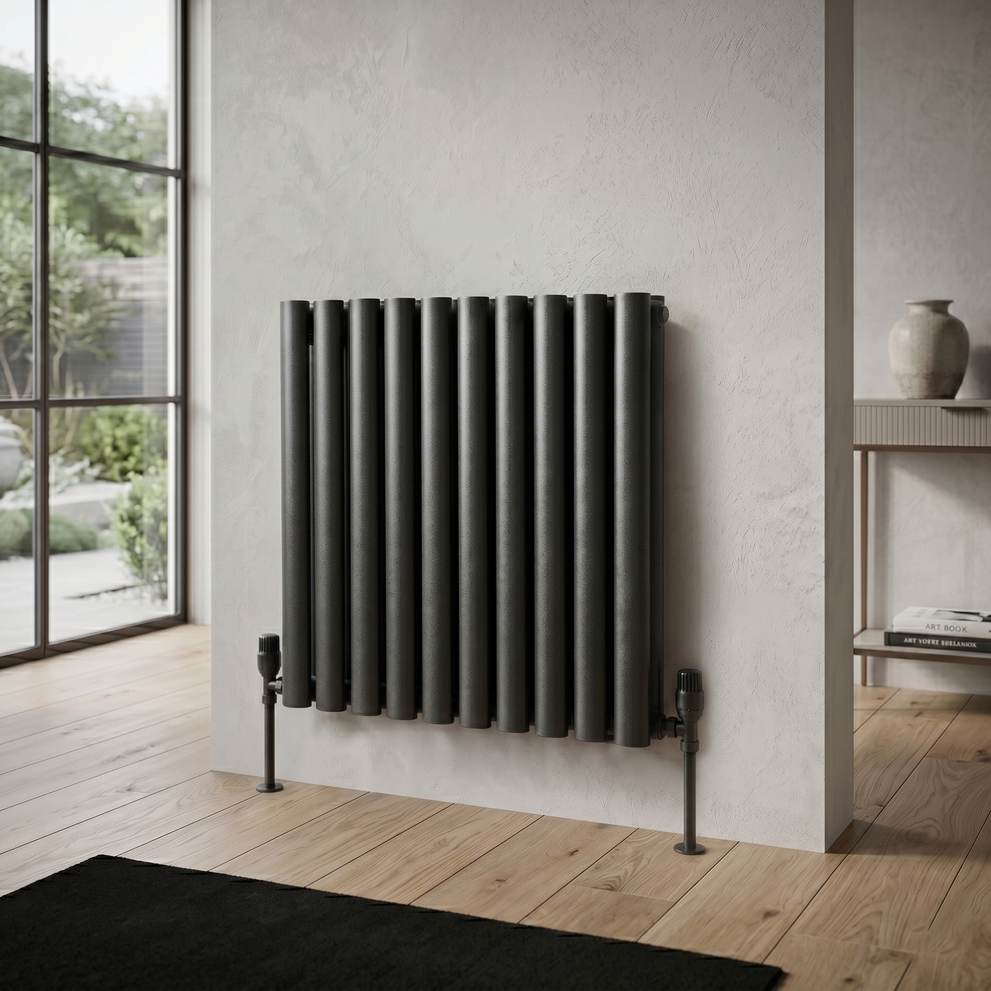 Brita Bathrooms Designer Horizontal Oval Double Panel Anthracite Radiator 600 x 600mm – 3381 BTU