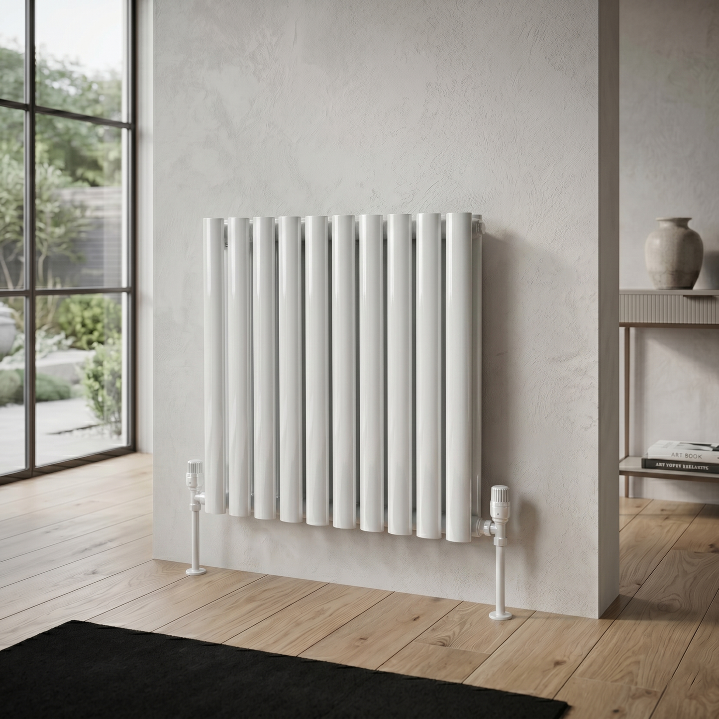 Brita Bathrooms Designer Horizontal Oval Double Panel Gloss White Radiator 600 x 600mm – 3381 BTU