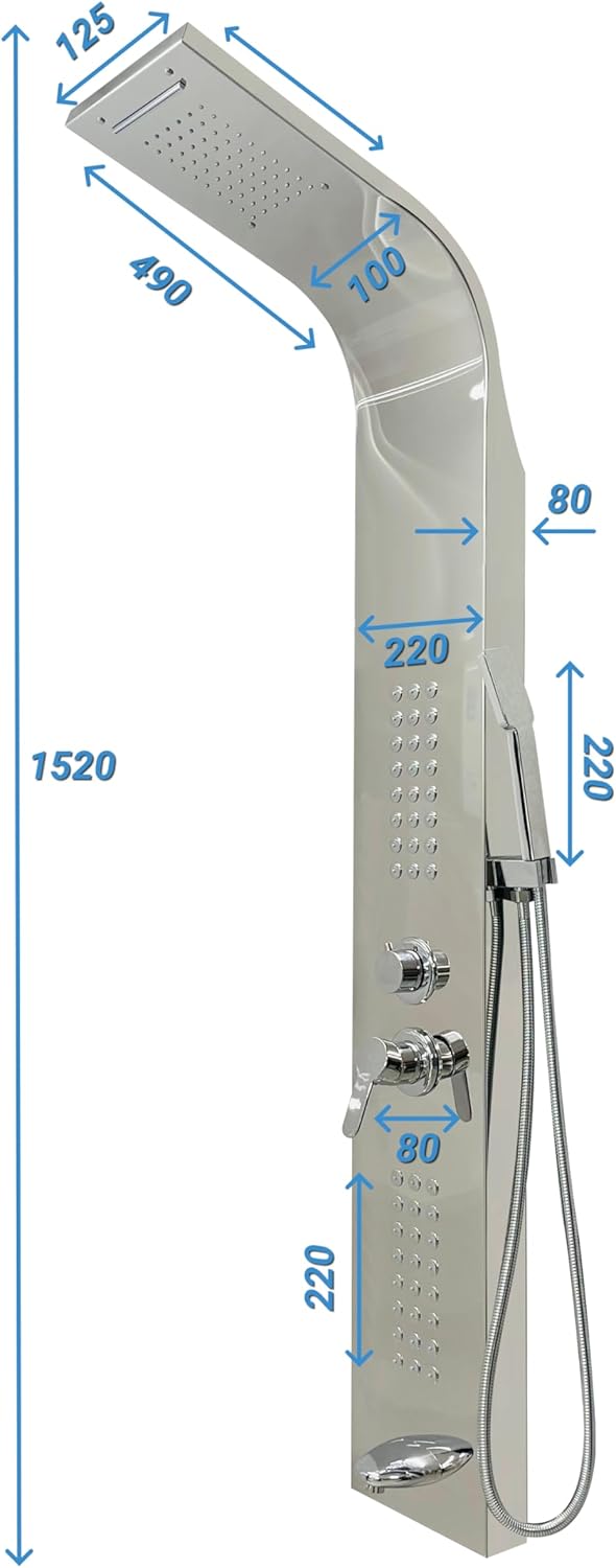 Brita Bathrooms 5-in-1 Thermostatic Shower Panel Tower – Chrome Finish with Rainfall, Waterfall & 48 Body Jets