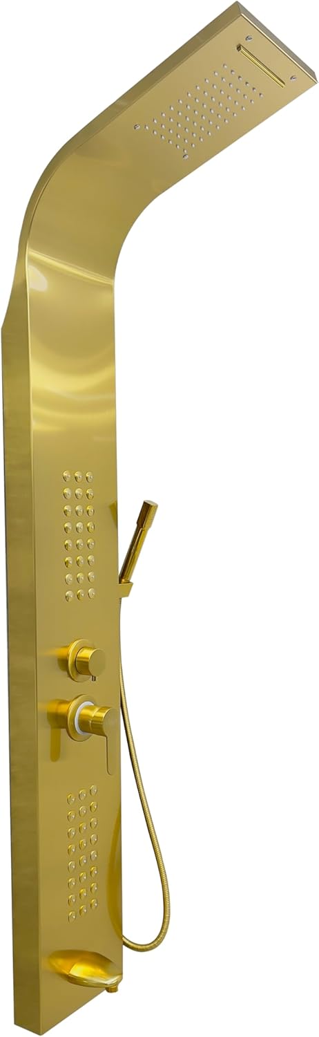 Brita Bathrooms 5-in-1 Thermostatic Shower Panel Tower – Gold Smart Shower Column with Rainfall, Waterfall & 48 Body Jets