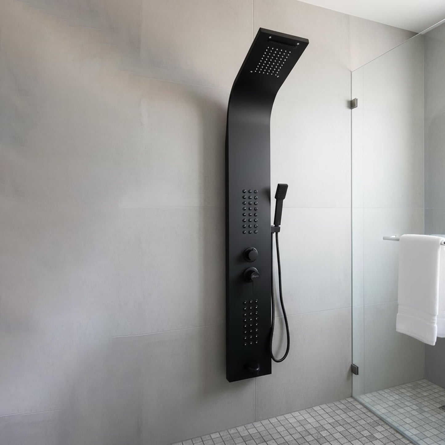 Brita Bathrooms 5-in-1 Thermostatic Shower Panel Tower – Black Finish with Rainfall, Waterfall & 48 Body Jets