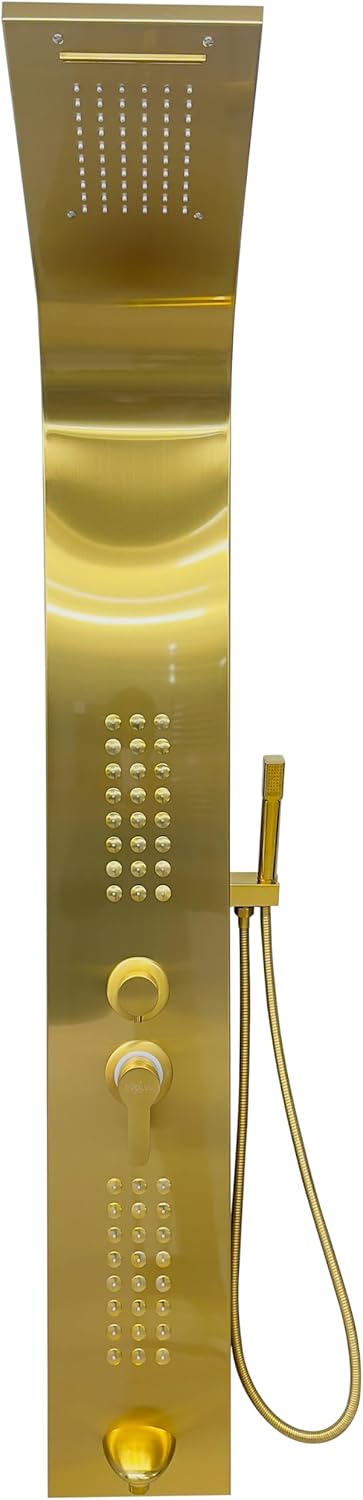 Brita Bathrooms 5-in-1 Thermostatic Shower Panel Tower – Gold Smart Shower Column with Rainfall, Waterfall & 48 Body Jets