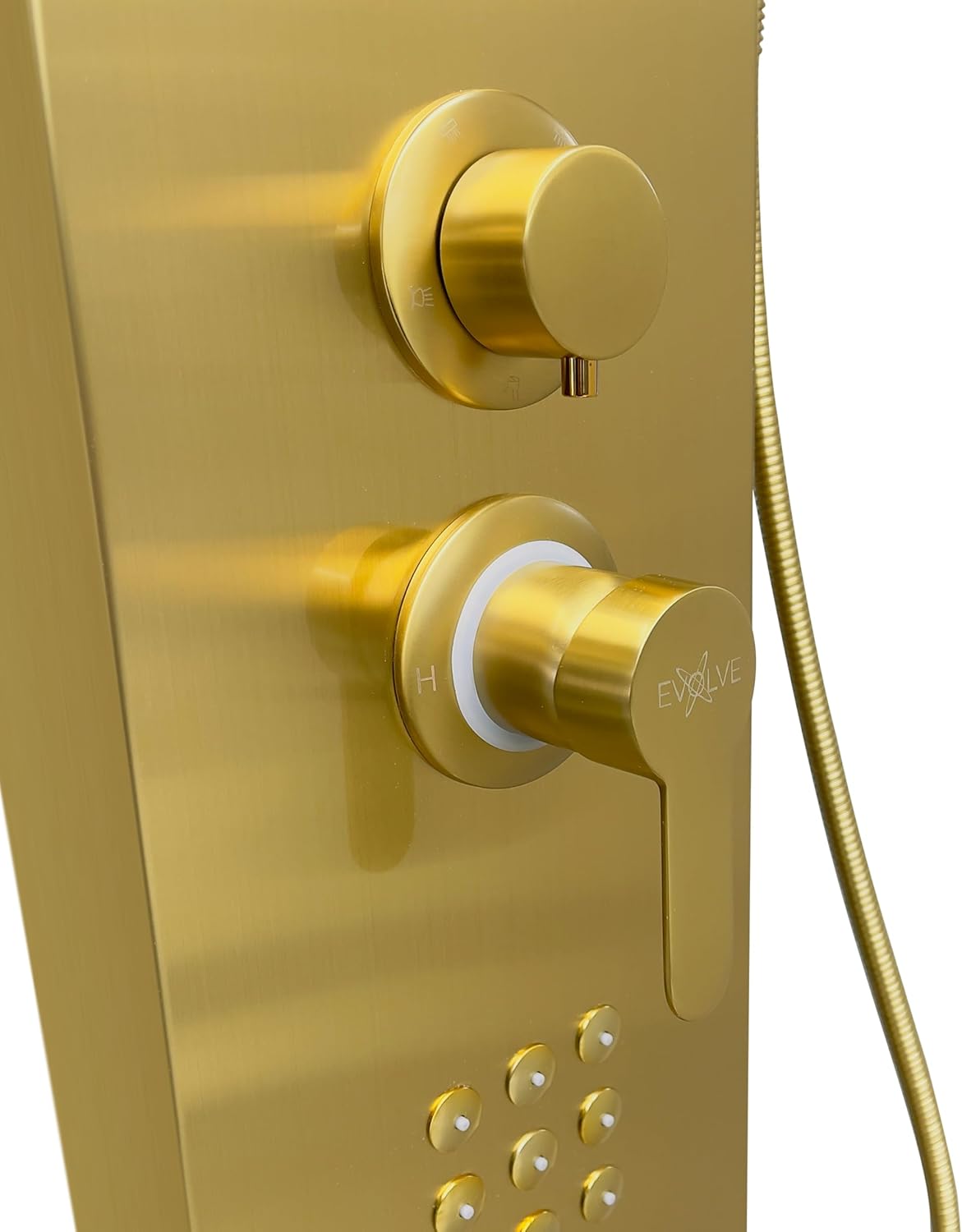Brita Bathrooms 5-in-1 Thermostatic Shower Panel Tower – Gold Smart Shower Column with Rainfall, Waterfall & 48 Body Jets