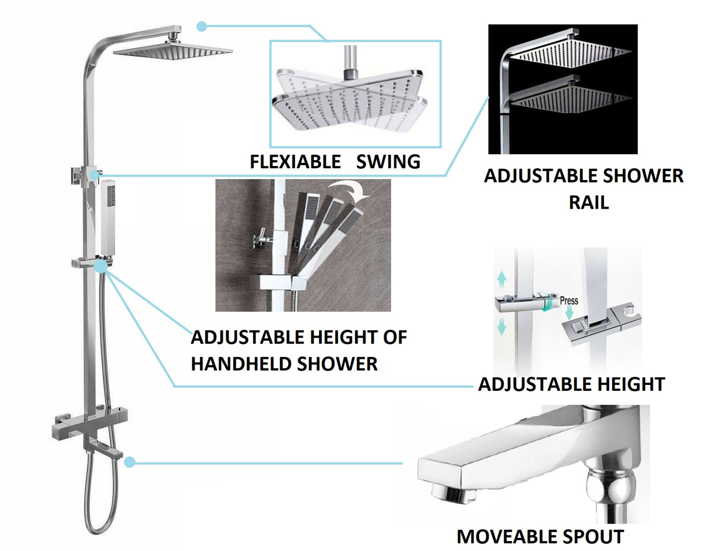 Brita Bathrooms Square Thermostatic Bar Shower Mixer Set – 8" Chrome Head Shower, Handset & Bath Spout (3 in 1)