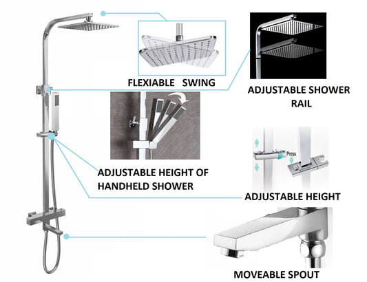 Brita Bathrooms Square Thermostatic Bar Shower Mixer Set – 8" Chrome Head Shower, Handset & Bath Spout (3 in 1)