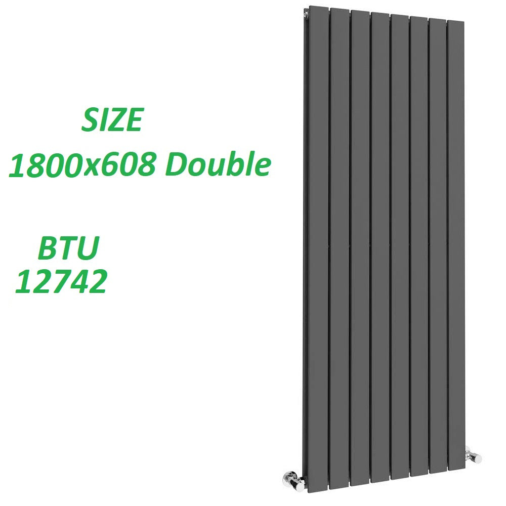 1800 x 608mm Designer Vertical Double Panel Radiator – Anthracite Flat Panel | 12742 BTU