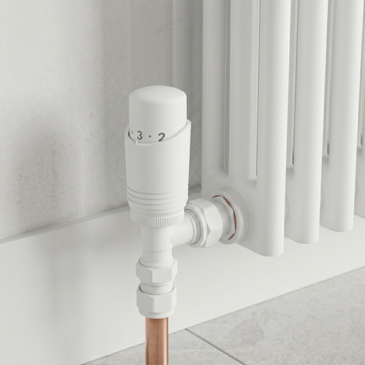 Brita Bathrooms Designer Matt White Thermostatic Angled Radiator Valves with Lockshield – 15mm TRV Pair