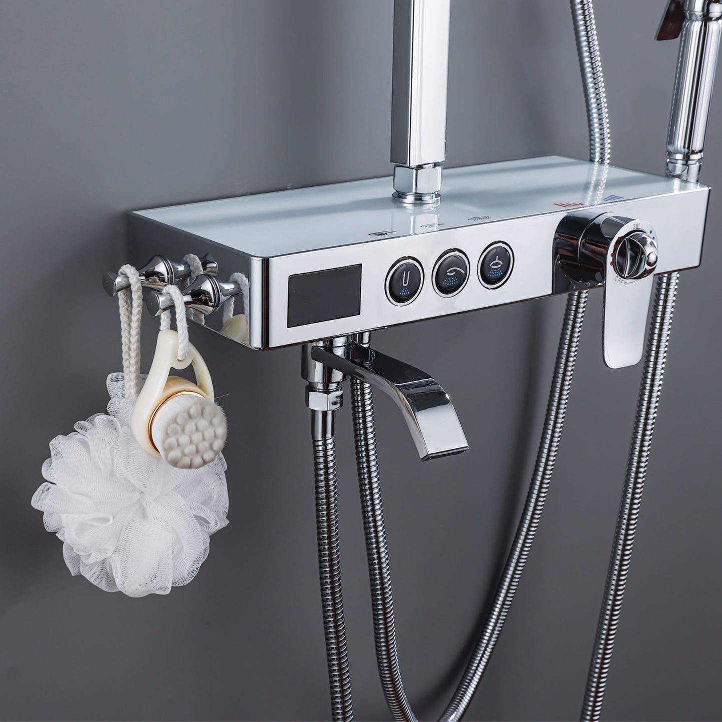 Brita Bathrooms Smart Thermostatic Shower System – Chrome Digital Display with Rainfall Head, Hand Shower, Bath Spout & Bidet (4-in-1)