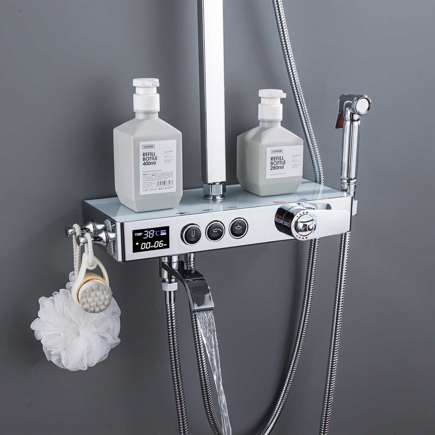 Brita Bathrooms Smart Thermostatic Shower System – Chrome Digital Display with Rainfall Head, Hand Shower, Bath Spout & Bidet (4-in-1)